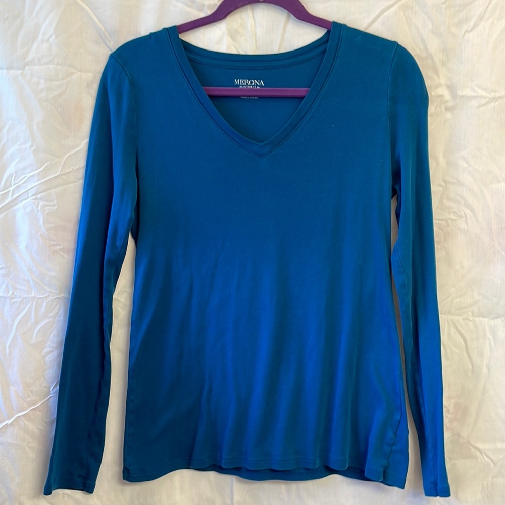 Blue Merona long-sleeved v-neck t-shirt, women’s size Medium.